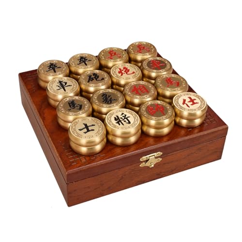 Chinesisches Schachspiel aus Messing mit Geschenkbox, Retro-Strategie-Brettspiele, traditionelle Reisespiele, Xiangqi for 2 Spieler, Lederschachbrett inklusive(Wooden Box) von STEPHM