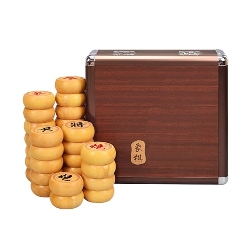 Chinesisches Xiangqi-Buchsbaumholz for 2 Spieler, traditionelles tragbares chinesisches Schach-Reisebrettspielset mit Lederschachbrett und Geschenkbox(3.8cm/1.5in) von STEPHM