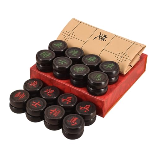 Chinesisches Xiangqi for 2 Spieler, Strategiespiel, tragbares chinesisches Schach-Reisebrettspielset mit Lederschachbrett(Ebony) von STEPHM