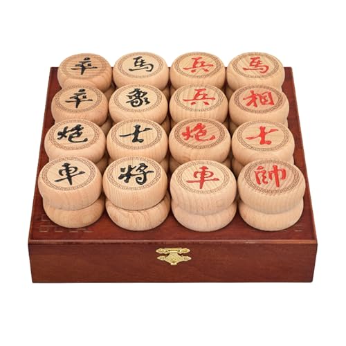 Chinesisches Xiangqi for 2 Spieler, traditionelles tragbares chinesisches Schachbrettspielset for unterwegs mit Buchenholzfiguren, Lederschachbrett und Geschenkbox(4.8cm/1.9in) von STEPHM