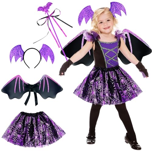 STFYUG Fledermaus Kostüm Kinder, Fledermauskostüm Mädchen, Fledermaus Flügel Kostüm, Fledermauskostüm Vampir mit Fledermausflügel Tutu für Kinder Halloween Karneval Fasching Mottoparty (Purple) von STFYUG