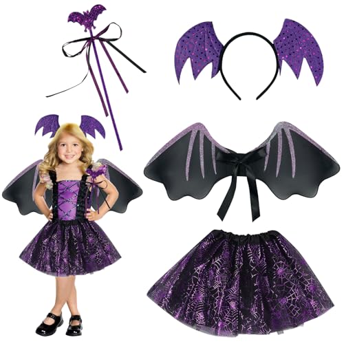 STFYUG Halloween Fledermaus Kostüm Kinder Set, 4 Stück Fledermaus Kostüm Kinder Mädchen Set, Fledermaus Flügel Kostüm, Halloween Kostüm Kinder Fledermaus, für Party Mottoparty Fasching (Lila von STFYUG