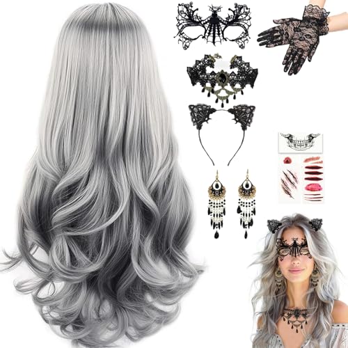 STFYUG Halloween Perücke Damen Grau, Grey Wig Lang Haar Gelockt, Lange Gewellt Silber Grau Perücke, Perücke Damen Grau, Hexenperücke Gotisch Halskette Armbänder, für Halloween Karneval, Mottoparty STFYUG Halloween Perücke Damen Grau, Grey Wig Lang Haar Gelockt, Lange Gewellt Silber Grau Perücke, Perücke Damen Grau, Hexenperücke Gotisch Halskette Armbänder, für Halloween Karneval, Mottoparty von STFYUG