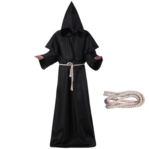 STFYUG Mönch kostüm, Halloween Kostüm Herren, Priester kostüm herren, Mönch kostüm herren mit Kapuze, Halloween Kostüm Herren Mönch, Priester Kostüm Mönchskutte für Halloween Party Cosplay(L) von STFYUG