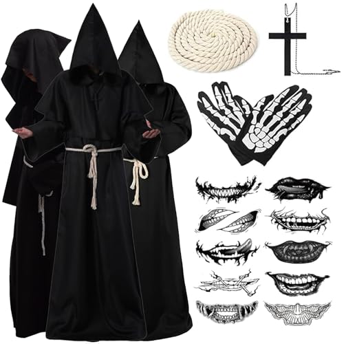 STFYUG Mönch kostüm, Halloween Kostüm Herren, Priester kostüm herren, Mönch kostüm herren mit Kapuze, Halloween Kostüm Herren Mönch, Priester Kostüm Mönchskutte für Halloween Party Cosplay(L) von STFYUG