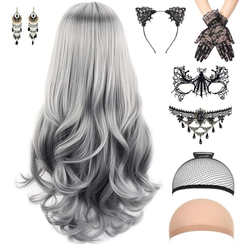 STFYUG Perücke Damen Perücke Grau, Lange Gewellt Silber Grau Perücke, Grey Wig Lang Haar Gelockt, Hexenperücke Gotisch Halskette Armbänder, für Halloween Karneval, Mottoparty von STFYUG