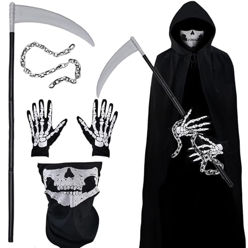 STFYUG Sensenmann Kostüm Herren, Grim Reaper Kostüm Erwachsene, Halloween Sensenmann Kostüm Set, Halloween Sense und Handschuhe Schädelmaske, für Halloween, Halloween Kostüm Unisex für Cosplay. von STFYUG