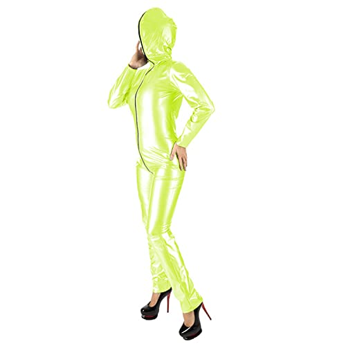 Body aus Leder, langärmelig, elastisch, Wet-Look, PVC, Reißverschluss vorne, mit Kapuze, Overall, fluoreszierendes Grün, Größe 4XL von STHEFF