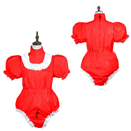 Bodysuit, glänzend, PVC, kurzärmelig, Dienstmädchenkleid, abschließbar, Übergröße, Rot, S von STHEFF