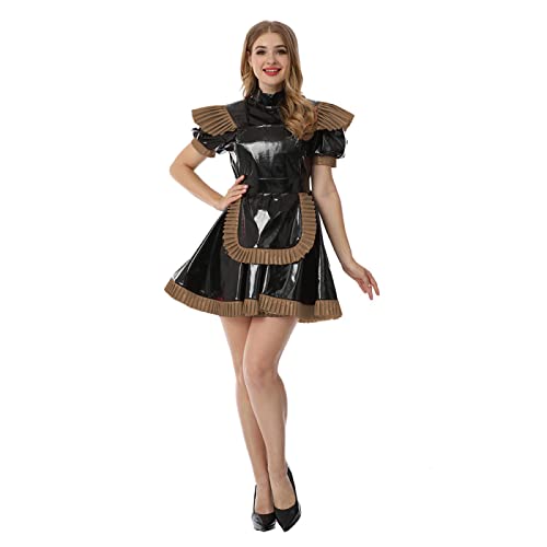 Dienstmädchenkleid aus PVC-Leder mit hohem Kragen, glänzendes PU-Leder, kurze Puffärmel, Hellbraun, Größe 5XL von STHEFF