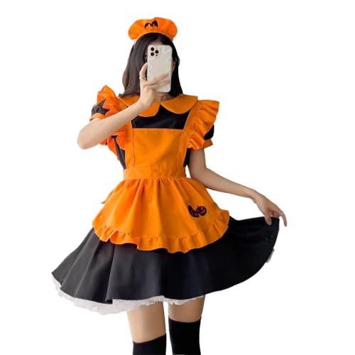 STIOEDYUAN Damen Kürbis Dienstmädchen-Outfits Lolita Kleid Restaurant Fledermaus Vampir Maid Magic Witch bestickt Halloween Cosplay Kostüme (8072#Orange, XL) von STIOEDYUAN