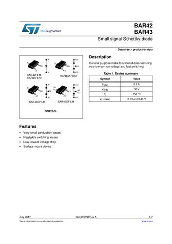 STMicroelectronics Schottky-Diode BAR43CFILM SOT-23 Tape on Full reel von STMICROELECTRONICS