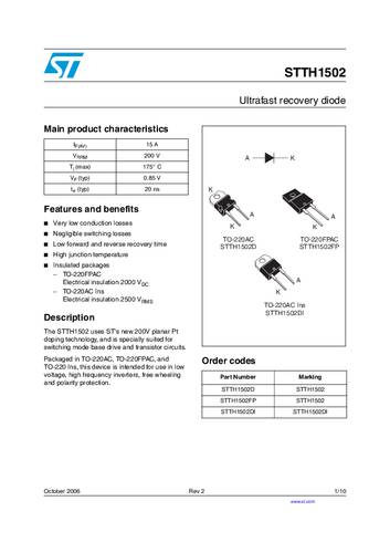 STMicroelectronics Gleichrichterdiode STTH1502D TO-220AC 15A von STMICROELECTRONICS