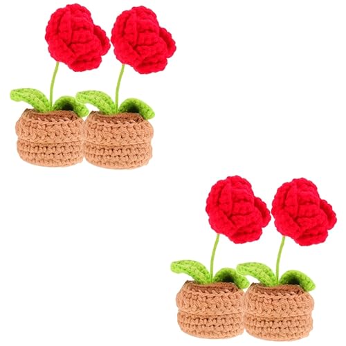 STOBAZA 4 Stück Gewebte kleine Topfpflanzen Fake Potting Häkelblume künstliche häkeln Rosen Pflanzen künstliche Pflanzen Dekor Bonsai gehäkelte Blumenverzierung Häkelblumen Polyester von STOBAZA