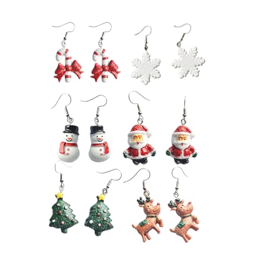 STOBOK 6 Paar Weihnachtsohrringe Weihnachten Ohrschmuck Schneeflocke Nikolaus Weihnachtsbaum Zuckerstangen Rentier Anhänger Mädchen Frauen Damen Kinder Festliche Kostüme Ohrringe Geschenk von STOBOK