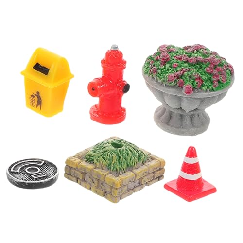 STOBOK 6 Pcs Mini House Decor Blumenbett Harz Verkehrskegel Mikroponien Landschaft Dekorationen Dollhouse Szenenzubehör Künstliche Feuer Hydrant Mini Müll Can von STOBOK