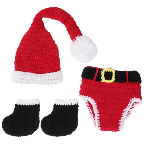 STOBOK Baby-Fotografie-Requisite Weihnachtsmütze Neugeborenen-Fotoshooting Weihnachts-Outfits Handgefertigt Gehäkelt Weihnachtsmann-Kleidung Weihnachtsmann-Strickmütze Socken Hosen Set von STOBOK