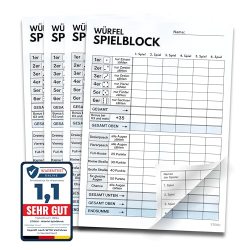 STOKU Würfelspiel Block DIN A5 - beidseitig Bedruckt mit Spielstand - extra große Schrift für Senioren und Kinder - 4-er Set - je 60 Blatt von STOKU