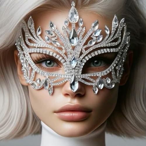 STONEFANS Strass-Maske, Vollgesichtsschmuck für Damen, Karneval, Maske, Kristall-Gesichtskette, Schmuck (Silber 3) von STONEFANS