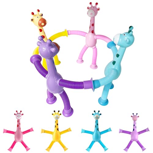 STQDEU Teleskop Saugnapf Giraffe Spielzeug ,4 Stück Teleskop Saugnapf Giraffen,Teleskop Giraffe mit Saugnäpfen,Kinderfreundliches Spielzeug für Zuhause und Auto(Fidget Giraffe Toy) von STQDEU