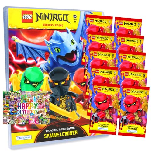 Bundle mit Lego Ninjago Karten Trading Cards Serie 10 - BLUTMOND Sammelkarten (2025) - 1 Mappe + 10 Booster + Exklusive Geburtstagskarte von STRONCARD