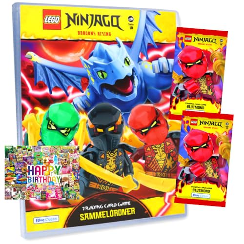 Bundle mit Lego Ninjago Karten Trading Cards Serie 10 - BLUTMOND Sammelkarten (2025) - 1 Mappe + 2 Booster + Exklusive Geburtstagskarte von STRONCARD