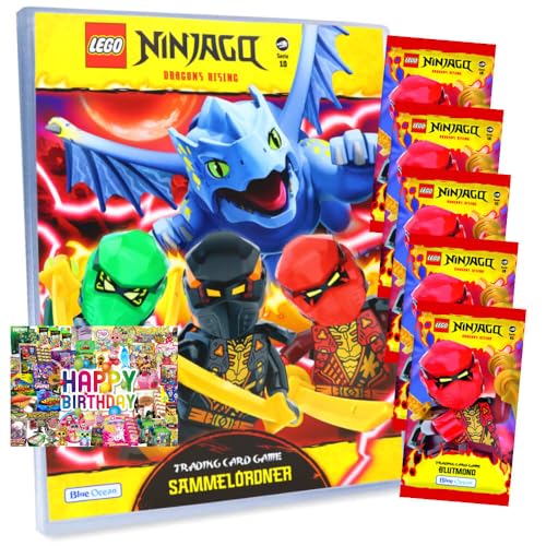 Bundle mit Lego Ninjago Karten Trading Cards Serie 10 - BLUTMOND Sammelkarten (2025) - 1 Mappe + 5 Booster + Exklusive Geburtstagskarte von STRONCARD