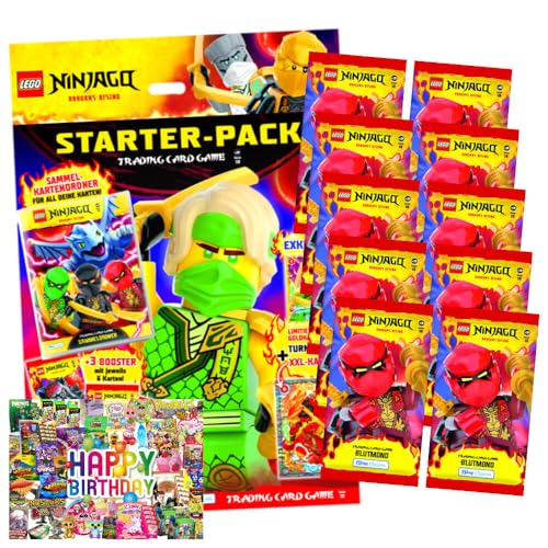 Bundle mit Lego Ninjago Karten Trading Cards Serie 10 - BLUTMOND Sammelkarten (2025) - 1 Starter + 10 Booster + Exklusive Geburtstagskarte von STRONCARD