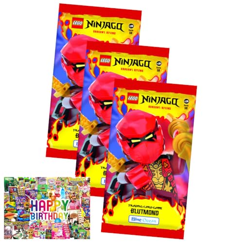 Bundle mit Lego Ninjago Karten Trading Cards Serie 10 - BLUTMOND Sammelkarten (2025) - 3 Booster + Exklusive Geburtstagskarte von STRONCARD