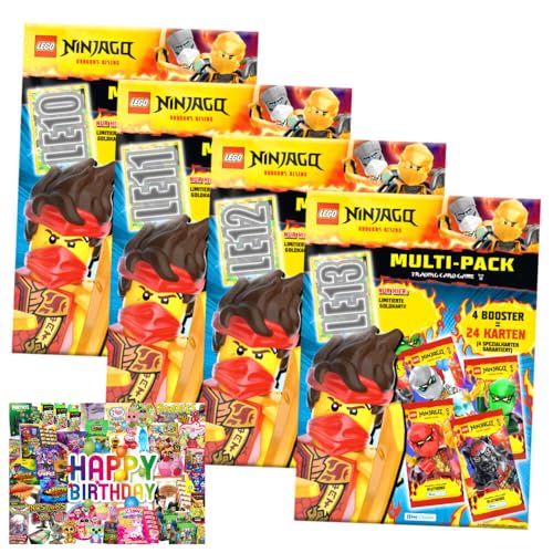 Bundle mit Lego Ninjago Karten Trading Cards Serie 10 - BLUTMOND Sammelkarten (2025) - Alle 4 Multipack + Exklusive Geburtstagskarte von STRONCARD