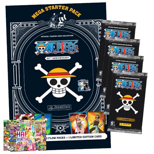 Bundle mit Panini One Piece Karten - Anniversary Sammelkarten (2025) - 1 Starter + 4 Booster + Exklusive Geburtstagskarte von STRONCARD