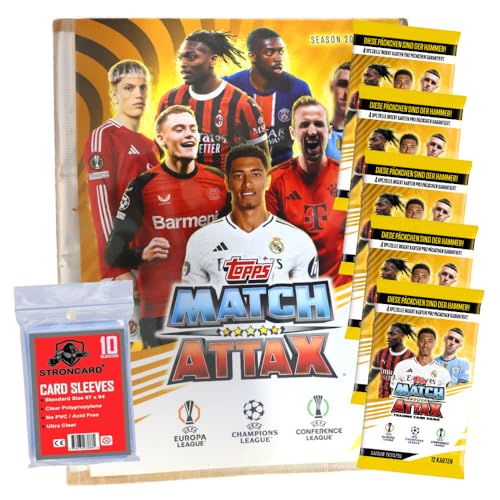 Bundle mit Topps Match Attax Karten Champions League 2024-2025 Trading Cards - Exklusive 10 STRONCARD Sammelkarten Hüllen - 1 Mappe + 5 Booster von STRONCARD