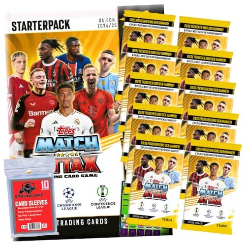 Bundle mit Topps Match Attax Karten Champions League 2024-2025 Trading Cards - Exklusive 10 STRONCARD Sammelkarten Hüllen - 1 Starter + 10 Booster von STRONCARD