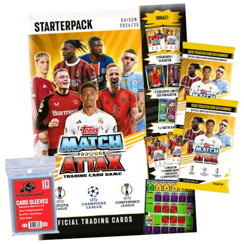 Bundle mit Topps Match Attax Karten Champions League 2024-2025 Trading Cards - Exklusive 10 STRONCARD Sammelkarten Hüllen - 1 Starter + 2 Booster von STRONCARD