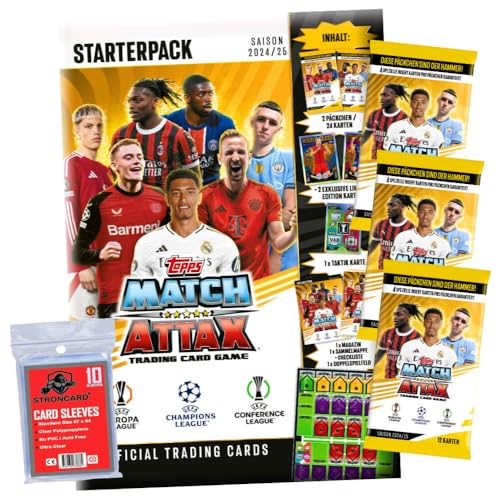 Bundle mit Topps Match Attax Karten Champions League 2024-2025 Trading Cards - Exklusive 10 STRONCARD Sammelkarten Hüllen - 1 Starter + 3 Booster von STRONCARD