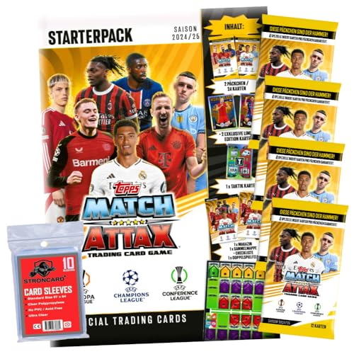 Bundle mit Topps Match Attax Karten Champions League 2024-2025 Trading Cards - Exklusive 10 STRONCARD Sammelkarten Hüllen - 1 Starter + 4 Booster von STRONCARD