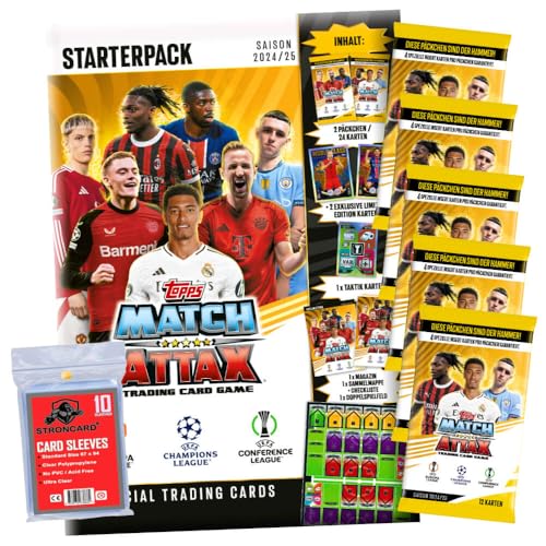 Bundle mit Topps Match Attax Karten Champions League 2024-2025 Trading Cards - Exklusive 10 STRONCARD Sammelkarten Hüllen - 1 Starter + 5 Booster von STRONCARD