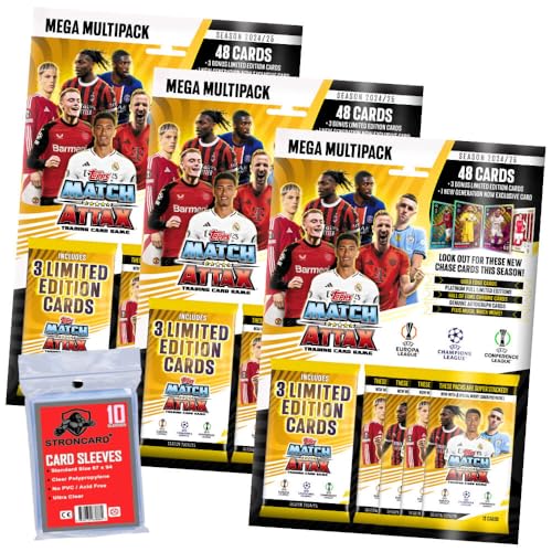 Bundle mit Topps Match Attax Karten Champions League 2024-2025 Trading Cards - Exklusive 10 STRONCARD Sammelkarten Hüllen - 3 Multipack von STRONCARD