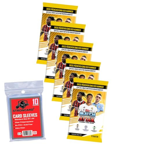 Bundle mit Topps Match Attax Karten Champions League 2024-2025 Trading Cards - Exklusive 10 STRONCARD Sammelkarten Hüllen - Auswahl (5 Booster) von STRONCARD