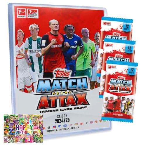 Bundle mit Topps Match Attax Trading Cards - Bundesliga Karten - Saison 2025 - Sammelkarten - Auswahl + Exklusive Geburtstagskarte (1 Mappe + 3 Booster) von STRONCARD