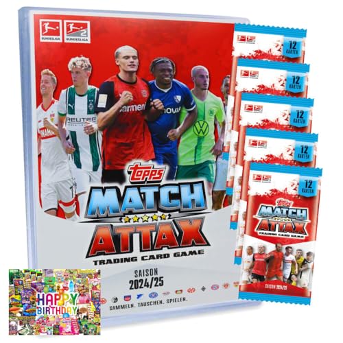 Bundle mit Topps Match Attax Trading Cards - Bundesliga Karten - Saison 2025 - Sammelkarten - Auswahl + Exklusive Geburtstagskarte (1 Mappe + 5 Booster) von STRONCARD