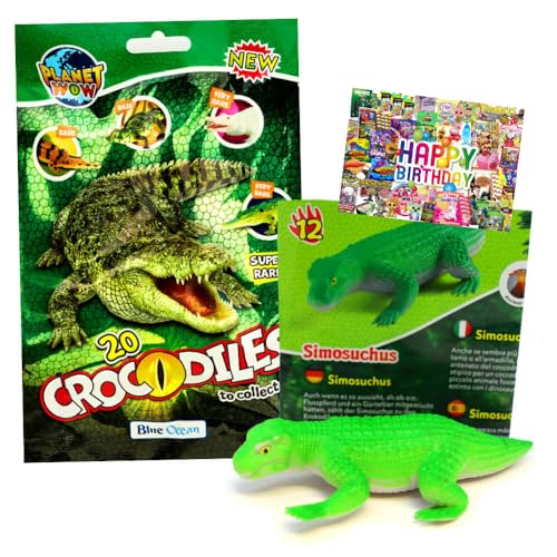 STRONCARD Bundle mit Blue Ocean Crocodiles Sammelfiguren 2025 - Planet Wow Krokodil- Figur 12. Simosuchus - Exklusive Geburtstagskarte von STRONCARD