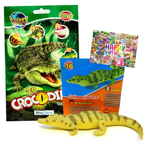 STRONCARD Bundle mit Blue Ocean Crocodiles Sammelfiguren 2025 - Planet Wow Krokodil- Figur 16. Brillenkaiman - Exklusive Geburtstagskarte von STRONCARD