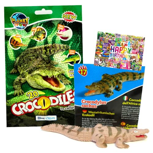 STRONCARD Bundle mit Blue Ocean Crocodiles Sammelfiguren 2025 - Planet Wow Krokodil- Figur 17. Westafrikanischer Krokodil - Exklusive Geburtstagskarte von STRONCARD