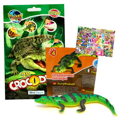 STRONCARD Bundle mit Blue Ocean Crocodiles Sammelfiguren 2025 - Planet Wow Krokodil- Figur 4. Stumpfkrokodil - Exklusive Geburtstagskarte von STRONCARD