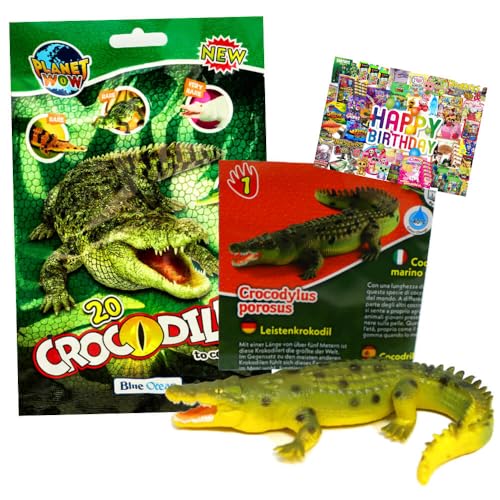 STRONCARD Bundle mit Blue Ocean Crocodiles Sammelfiguren 2025 - Planet Wow Krokodil Figur - Auswahl - Exklusive Geburtstagskarte (Figur 1. Leistenkrokodil) von STRONCARD