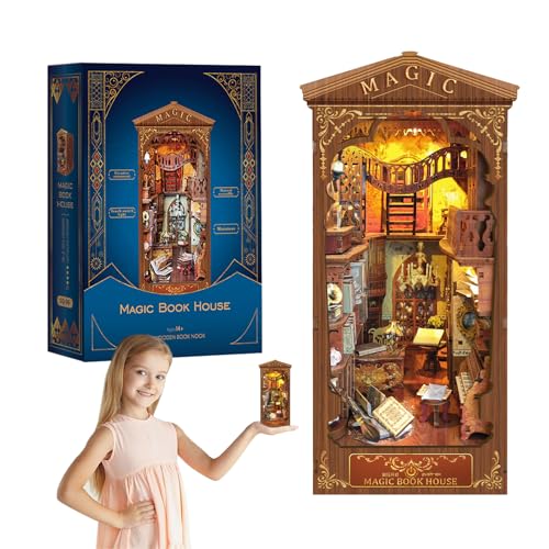 Miniature Dollhouse Book Puzzle Book Nook Kit Bookend Stand Bookcase Model Build Creativity Kit Decor Alley (Magic book house) von STRUCWOOD