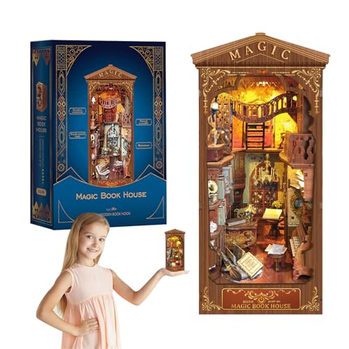 STRUCWOOD Miniature Dollhouse Book Puzzle Book Nook Kit Bookend Stand Bookcase Model Build Creativity Kit Decor Alley (Magic book house) von STRUCWOOD