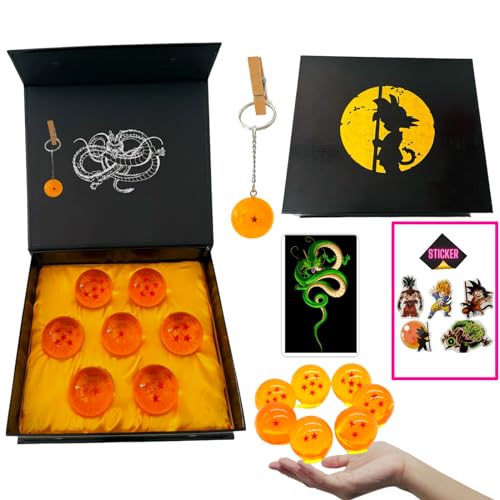 STUDIOJRH Set mit 7 Dragon Balls (1 bis 7 Sterne), Schlüsselanhänger, Aufkleber und Shenlong-Beschwörungskarte. Ideal für Sammler oder als Geschenk für Kinder. Dragon Ball-Set, entworfen in Spanien. von STUDIOJRH