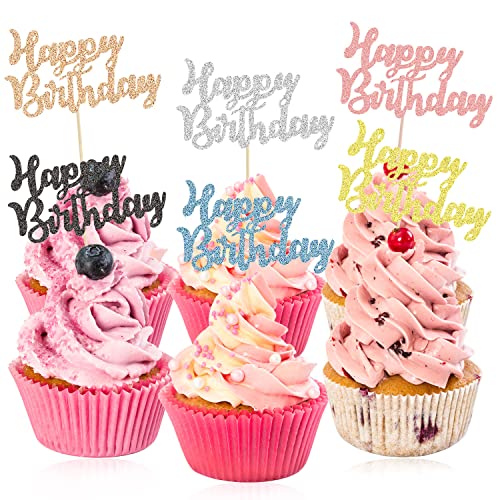 24 Stück Happy Birthday Cupcake-Topper, glitzernde Cupcake-Topper zum Feiern des Geburtstags, Cupcake-Picks zum Feiern von Happy Birthday-Partys, Kuchendekorationen (6 Farben) von SUBTAVIK